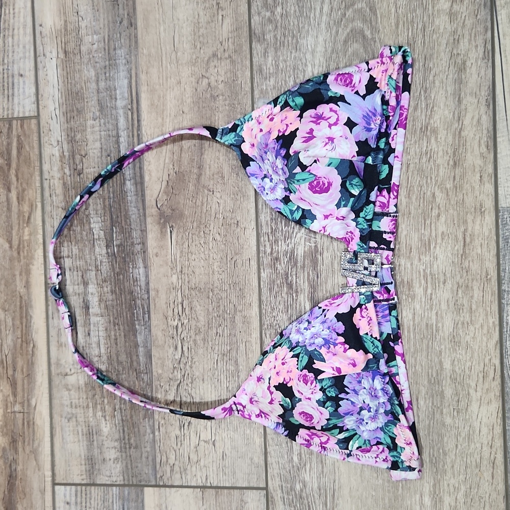 Victoria Secret Swim Bikini Top Small‎ Floral Pink Purple Black Rhinestone Bling